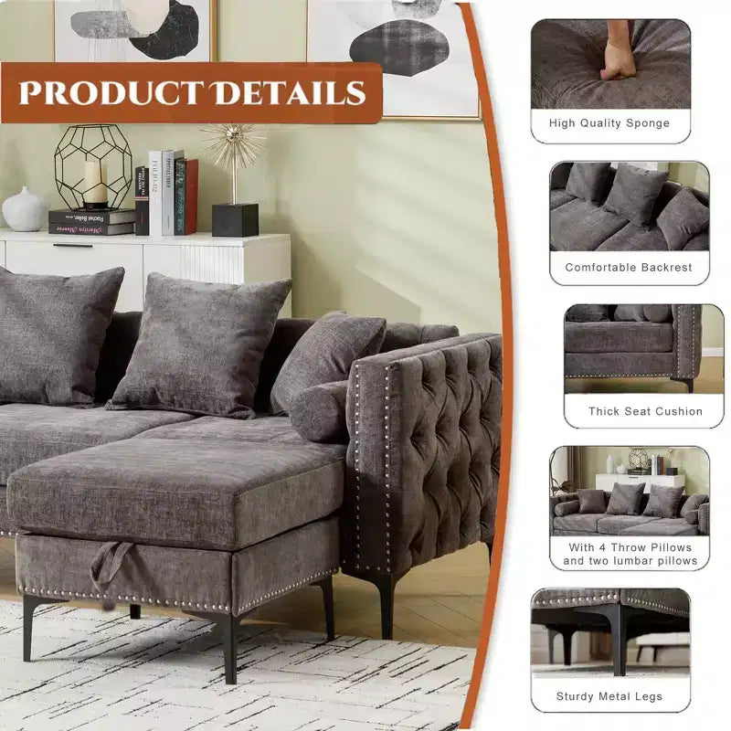 Divano sezionale moderno in ciniglia a 4 posti Zarin 85 di GDFStudio con pouf contenitore