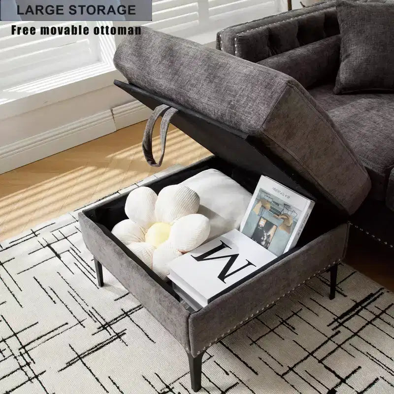 Divano sezionale moderno in ciniglia a 4 posti Zarin 85 di GDFStudio con pouf contenitore