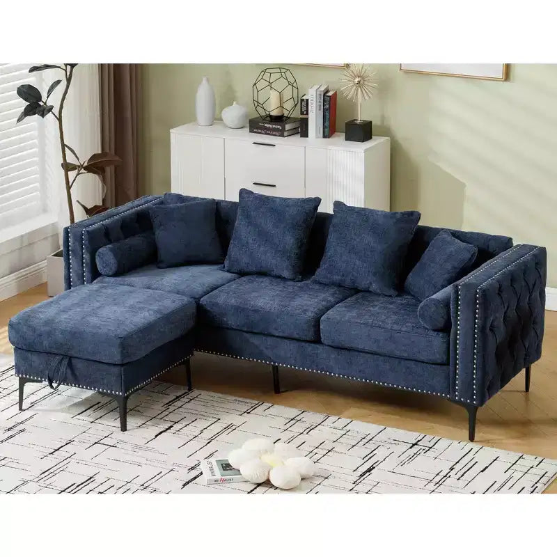 Divano sezionale moderno in ciniglia a 4 posti Zarin 85 di GDFStudio con pouf contenitore