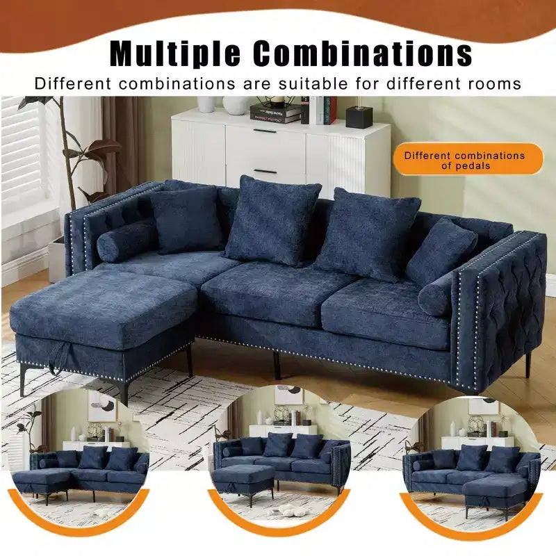 Divano sezionale moderno in ciniglia a 4 posti Zarin 85 di GDFStudio con pouf contenitore