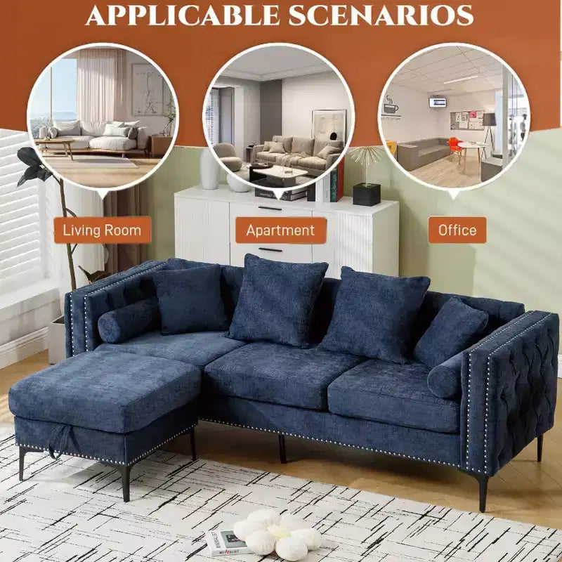 Divano sezionale moderno in ciniglia a 4 posti Zarin 85 di GDFStudio con pouf contenitore