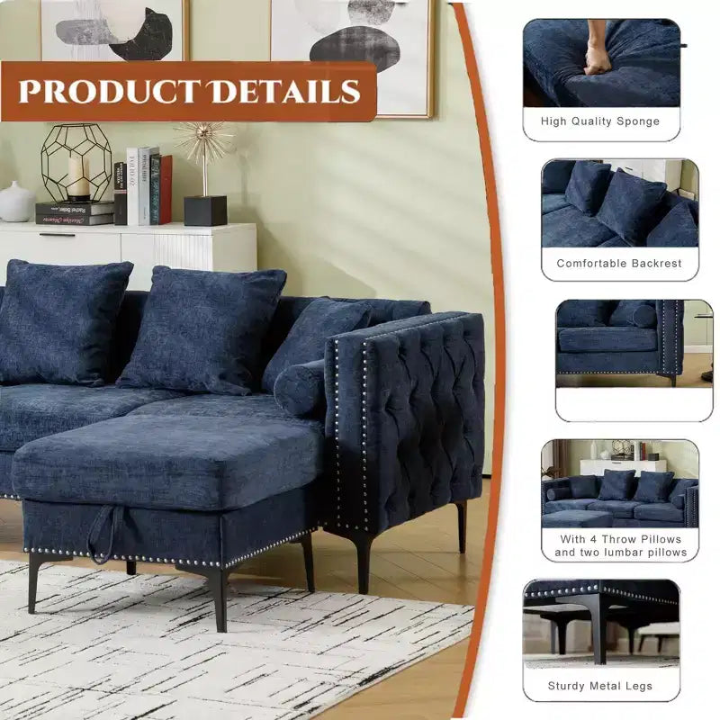 Divano sezionale moderno in ciniglia a 4 posti Zarin 85 di GDFStudio con pouf contenitore