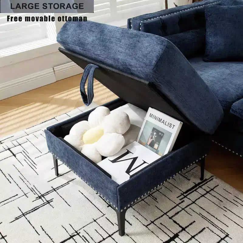 Divano sezionale moderno in ciniglia a 4 posti Zarin 85 di GDFStudio con pouf contenitore