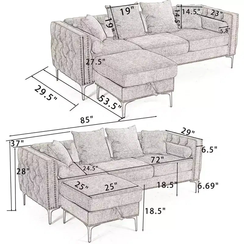 Divano sezionale moderno in ciniglia a 4 posti Zarin 85 di GDFStudio con pouf contenitore
