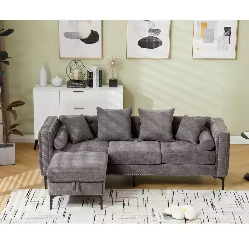 Divano sezionale moderno in ciniglia a 4 posti Zarin 85 di GDFStudio con pouf contenitore