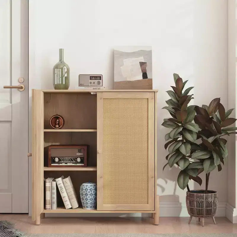 Madia Contenitore, Mobile Contenitore con Ante Decorate in Rattan PE, Credenza Accent Buffet con Piedini in Legno naturale