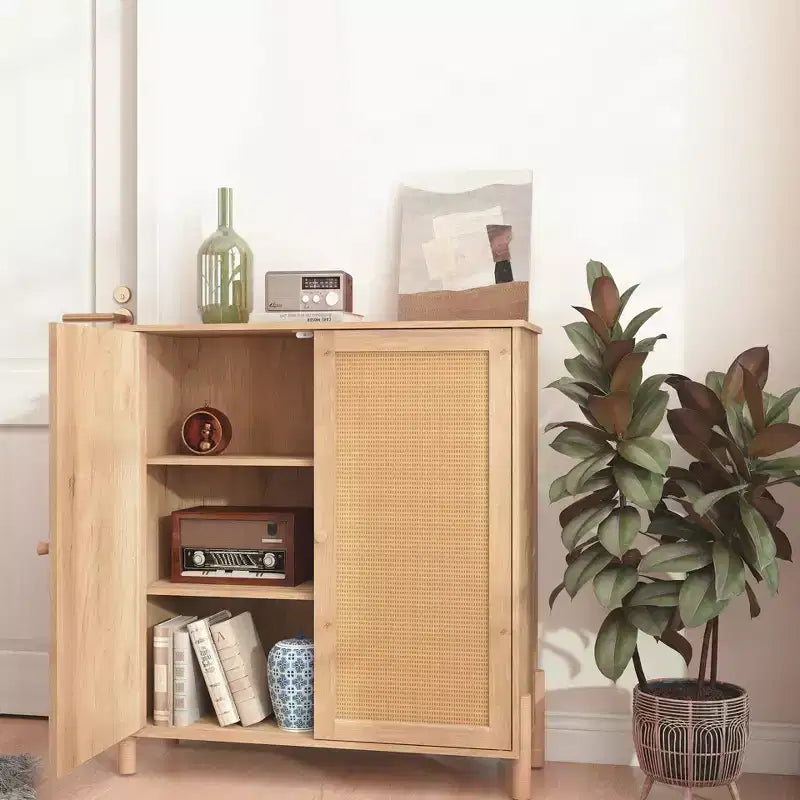 Madia Contenitore, Mobile Contenitore con Ante Decorate in Rattan PE, Credenza Accent Buffet con Piedini in Legno naturale