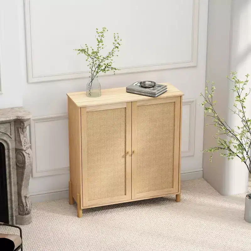 Madia Contenitore, Mobile Contenitore con Ante Decorate in Rattan PE, Credenza Accent Buffet con Piedini in Legno naturale