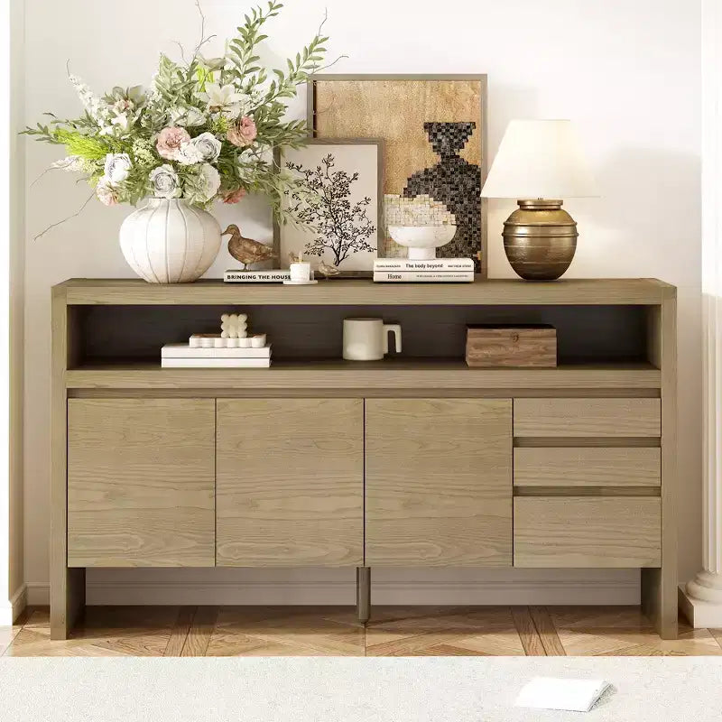60 Storage Cabinet Buffet Sideboard with 3 Doors, 3 Drawers and Open Shelf, Wood Accent Entryway Console Table natural