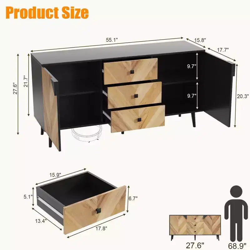 Mobile contenitore in legno di noce di 55,1" con 3 cassetti e 2 ante, mobile contenitore indipendente contemporaneo per soggiorno, sala da pranzo