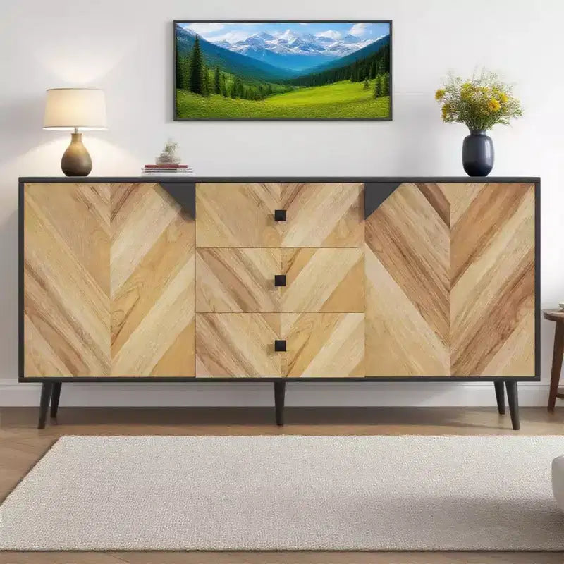 Mobile contenitore in legno di noce di 55,1" con 3 cassetti e 2 ante, mobile contenitore indipendente contemporaneo per soggiorno, sala da pranzo