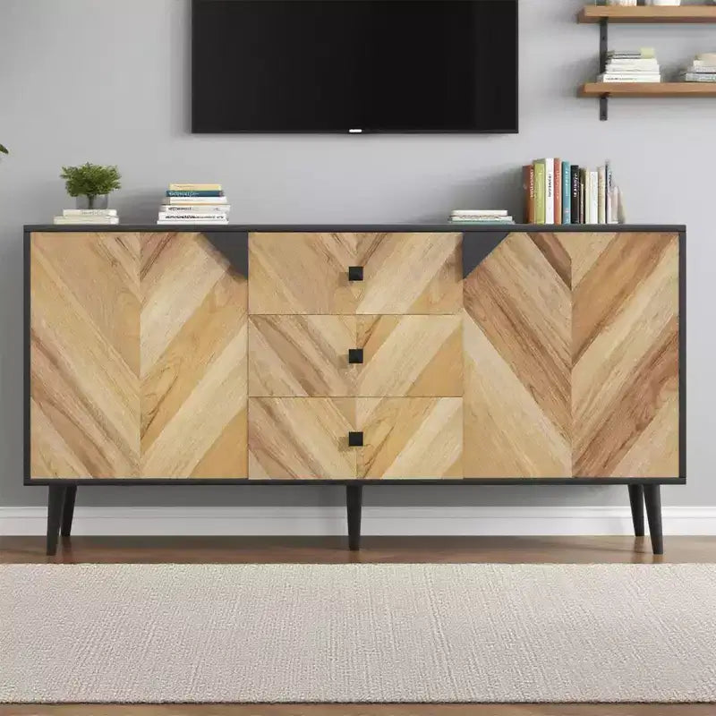 Mobile contenitore in legno di noce di 55,1" con 3 cassetti e 2 ante, mobile contenitore indipendente contemporaneo per soggiorno, sala da pranzo