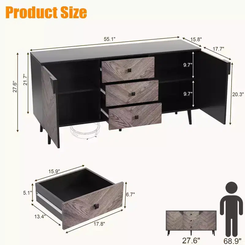 Mobile contenitore in legno di noce di 55,1" con 3 cassetti e 2 ante, mobile contenitore indipendente contemporaneo per soggiorno, sala da pranzo