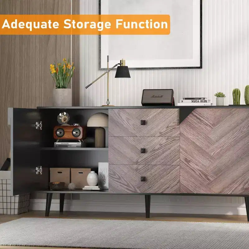 Mobile contenitore in legno di noce di 55,1" con 3 cassetti e 2 ante, mobile contenitore indipendente contemporaneo per soggiorno, sala da pranzo