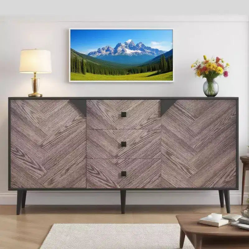 Mobile contenitore in legno di noce di 55,1" con 3 cassetti e 2 ante, mobile contenitore indipendente contemporaneo per soggiorno, sala da pranzo