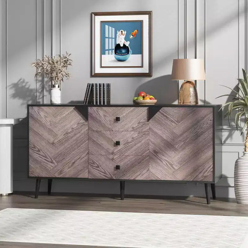 Mobile contenitore in legno di noce di 55,1" con 3 cassetti e 2 ante, mobile contenitore indipendente contemporaneo per soggiorno, sala da pranzo