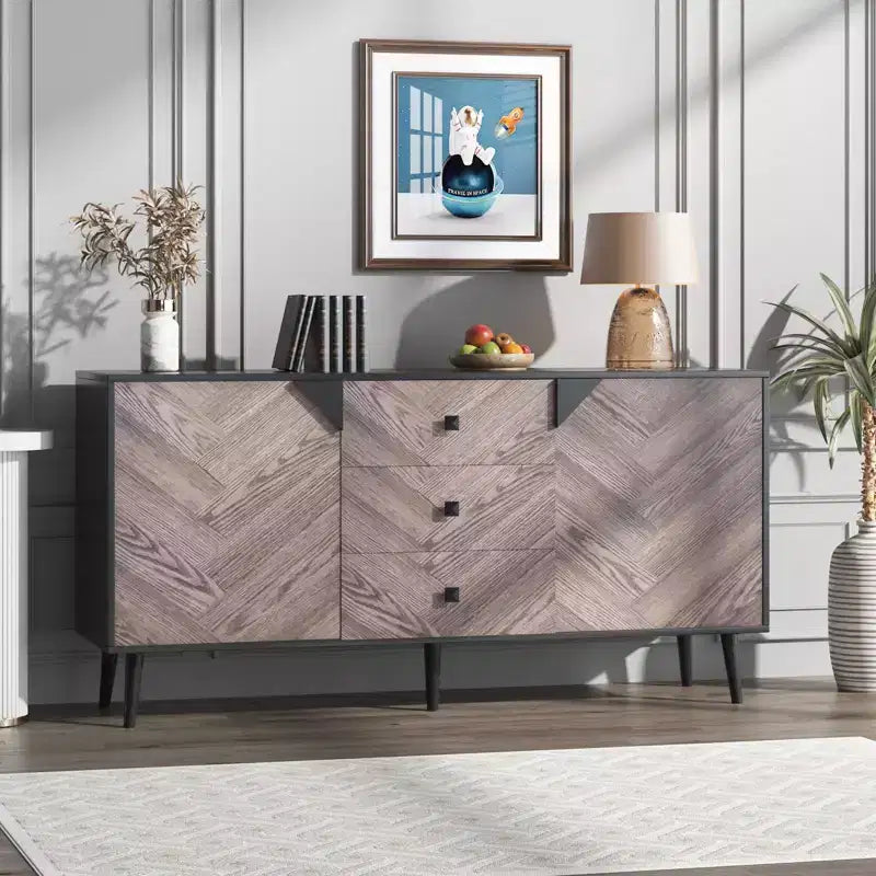 55.1 W Walnut Wood Storage Cabinet w/3 Drawers & 2 Doors, Contemporary Freestanding Storage Accent Cabinet for Living Room, Dining Room