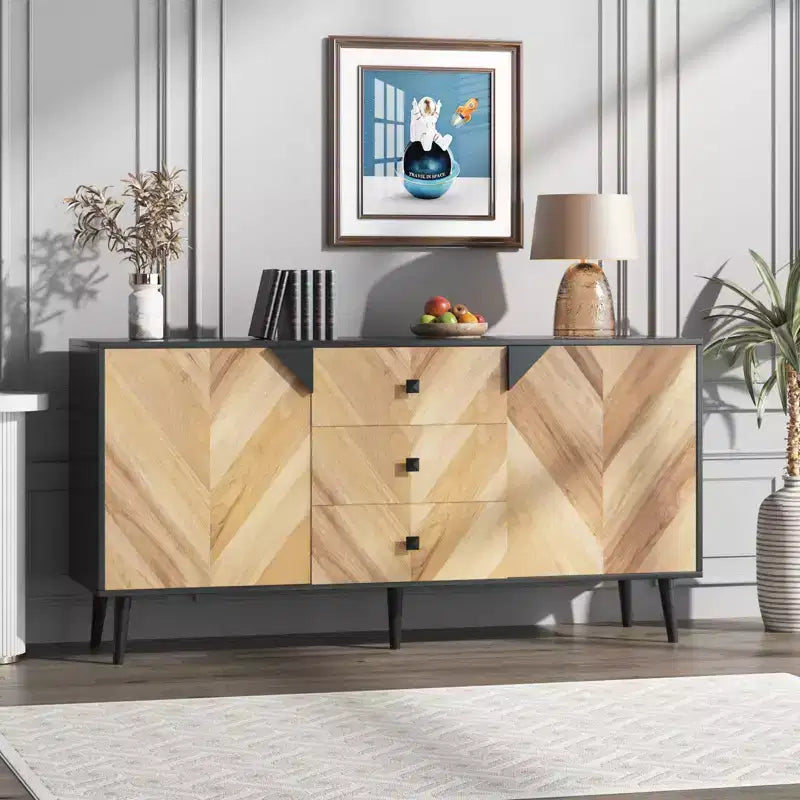 Meuble de rangement en bois de noyer avec 3 tiroirs et 2 portes, 140 cm, meuble d'appoint de rangement contemporain autoportant pour salon, salle à manger