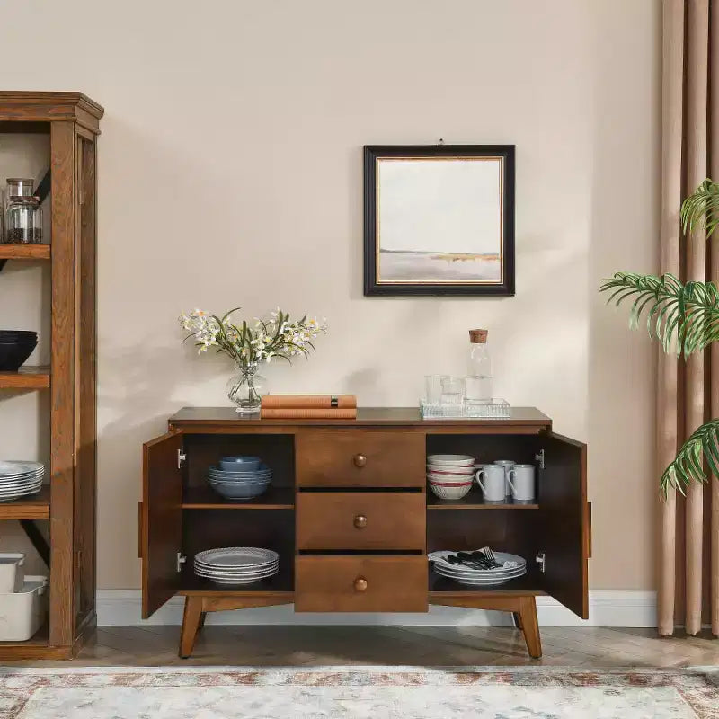 47.3 Madia Buffet Mid-Century Modern con Cassetti, Ante e Ripiani Regolabili, Mobile da Cucina per Sala da Pranzo o Soggiorno - Panipeachy