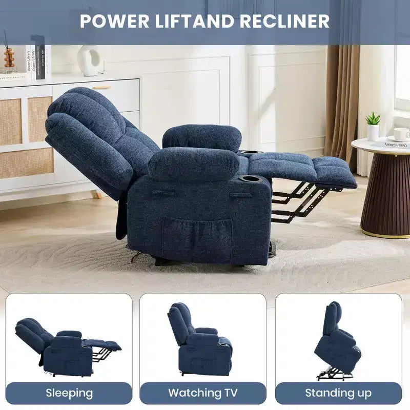 Poltrona Relax Reclinabile Elettrica con Funzione Power Lift, Riscaldamento e Massaggio, Poltrona Alzapersone Elettrica Extra Large con Tasca Laterale, Singola Poltrona per Soggiorno