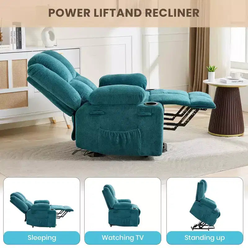 Poltrona Relax Reclinabile Elettrica con Funzione Power Lift, Riscaldamento e Massaggio, Poltrona Alzapersone Elettrica Extra Large con Tasca Laterale, Singola Poltrona per Soggiorno
