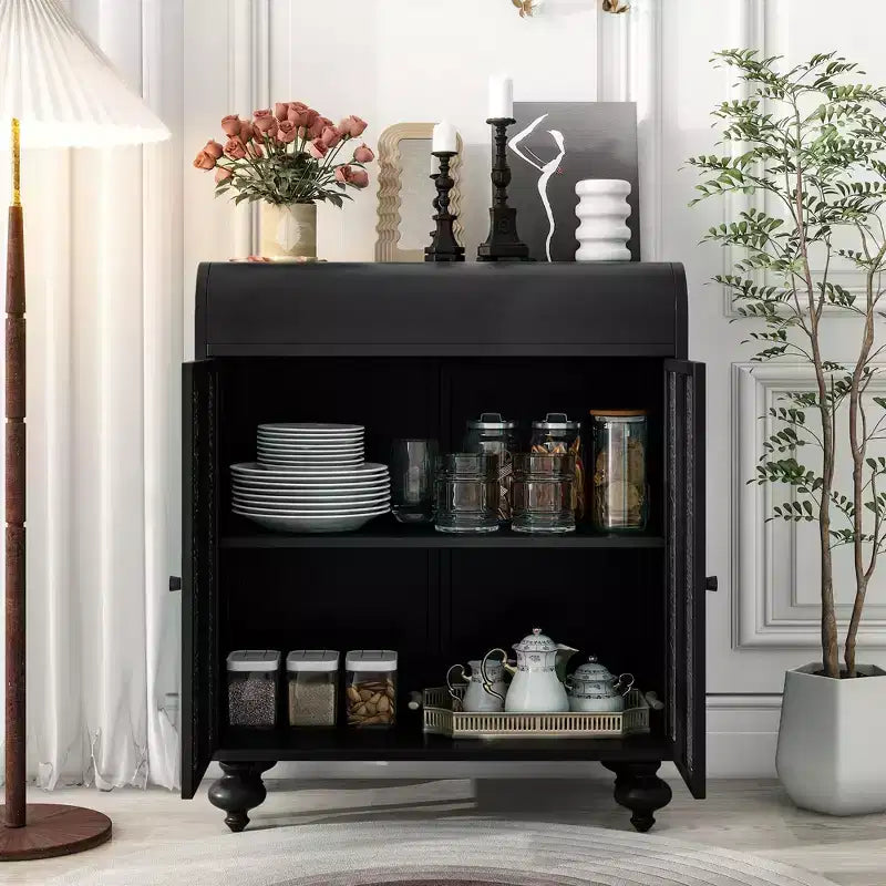 Mobile decorativo artistico con 2 ante, credenza con funzione contenitore, con motivo in rilievo, adatto per ingresso, soggiorno, nero antico
