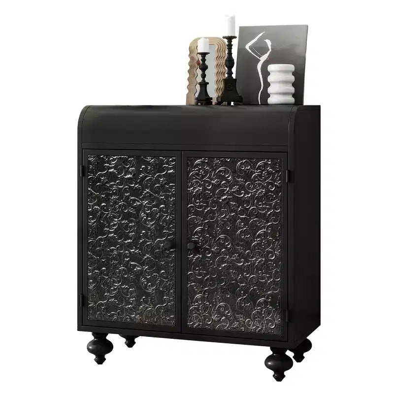 Mobile decorativo artistico con 2 ante, credenza con funzione contenitore, con motivo in rilievo, adatto per ingresso, soggiorno, nero antico