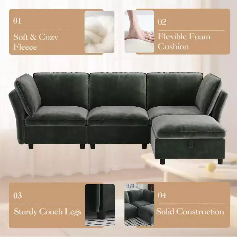 Divano, sedia modulare centrale con pouf senza braccioli velluto seduta profonda cuscini decorativi