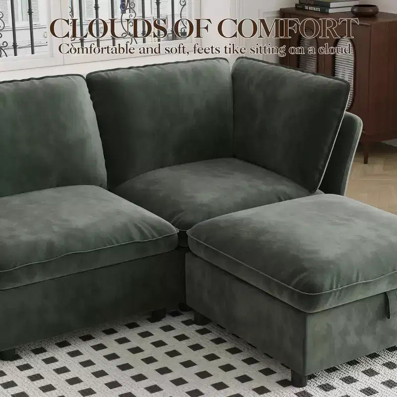 Divano, sedia modulare centrale con pouf senza braccioli velluto seduta profonda cuscini decorativi