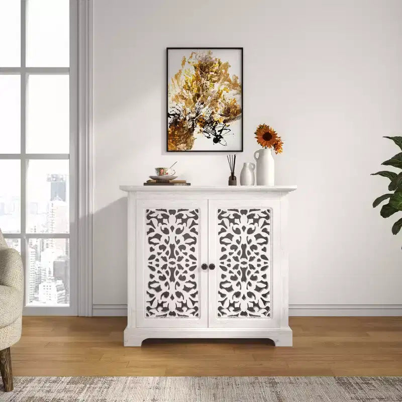 Kitchen Storage Cabinet with 2 Hollow Carved DoorsSideboard Buffet, Console Table, Accent Liquor Cabinet for Dining Room or Living Room