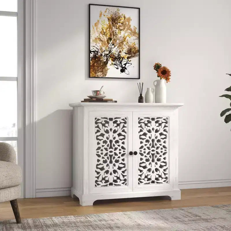Meuble de Rangement de Cuisine avec 2 Portes Sculptées et CreusesBuffet, Table Console, Meuble Bar d'Appoint pour Salle à Manger ou Salon