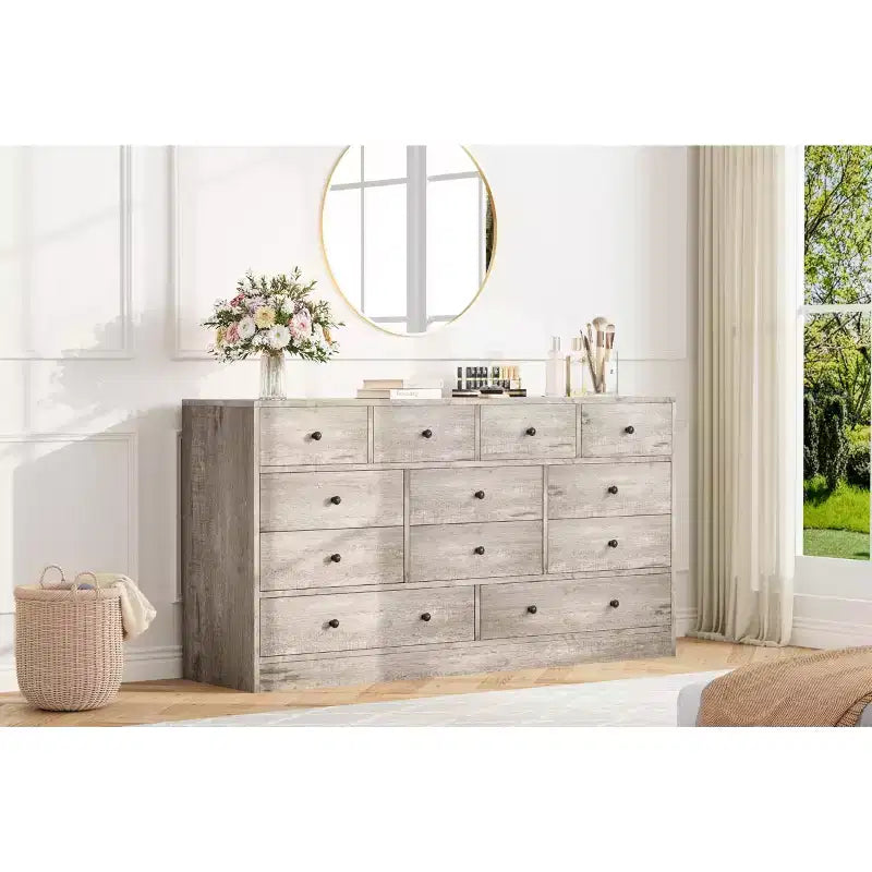 Cassettiera a 12 cassetti per camera da letto, cassettiera TV moderna da 155 cm con stazione di ricarica, cassettiera grande in legno per cameretta, armadio, soggiorno