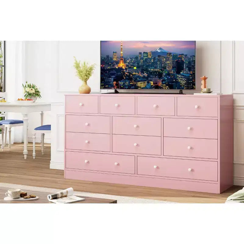 Cassettiera a 12 cassetti per camera da letto, cassettiera TV moderna da 155 cm con stazione di ricarica, cassettiera grande in legno per cameretta, armadio, soggiorno