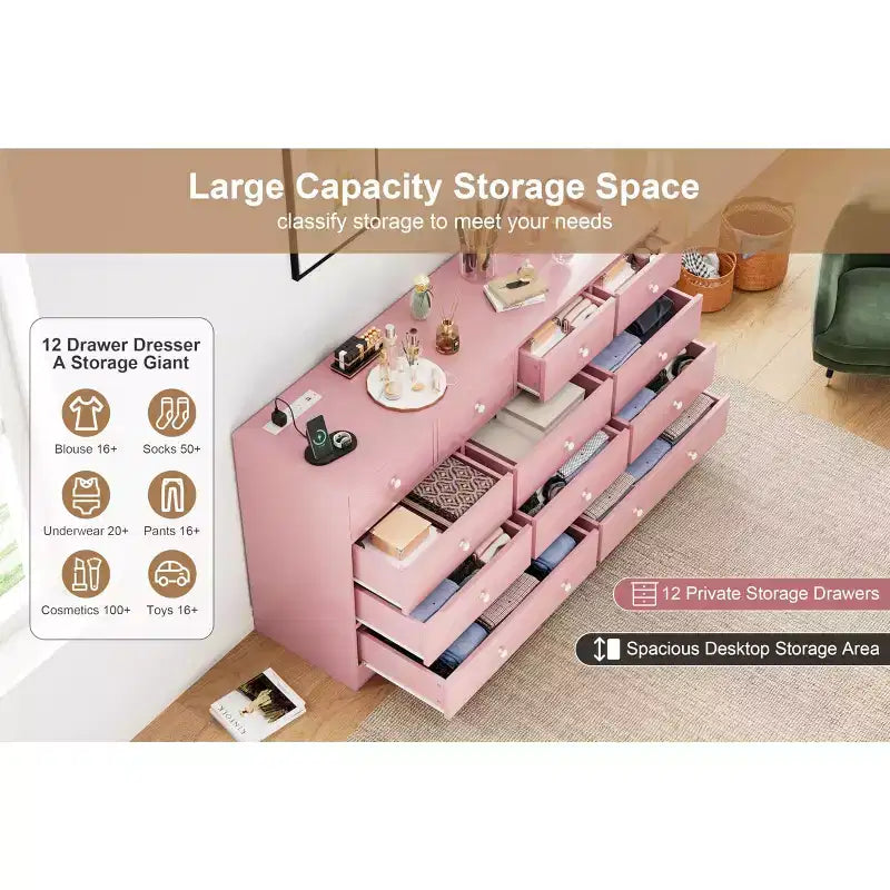 Cassettiera a 12 cassetti per camera da letto, cassettiera TV moderna da 155 cm con stazione di ricarica, cassettiera grande in legno per cameretta, armadio, soggiorno