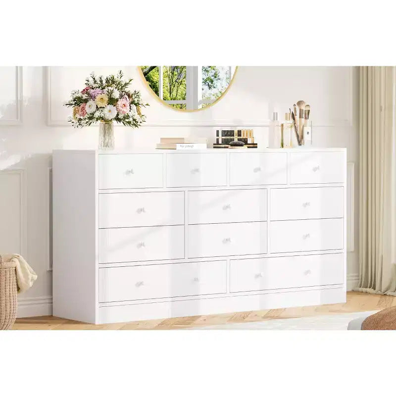 Cassettiera a 12 cassetti per camera da letto, cassettiera TV moderna da 155 cm con stazione di ricarica, cassettiera grande in legno per cameretta, armadio, soggiorno