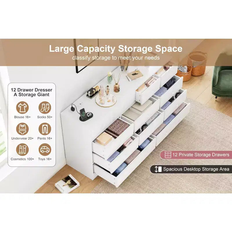 Cassettiera a 12 cassetti per camera da letto, cassettiera TV moderna da 155 cm con stazione di ricarica, cassettiera grande in legno per cameretta, armadio, soggiorno