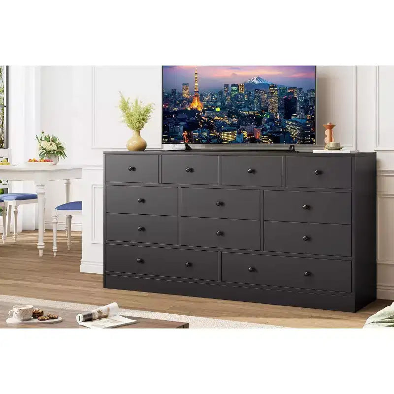 Cassettiera a 12 cassetti per camera da letto, cassettiera TV moderna da 155 cm con stazione di ricarica, cassettiera grande in legno per cameretta, armadio, soggiorno