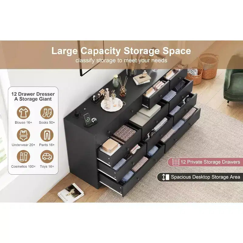 Cassettiera a 12 cassetti per camera da letto, cassettiera TV moderna da 155 cm con stazione di ricarica, cassettiera grande in legno per cameretta, armadio, soggiorno
