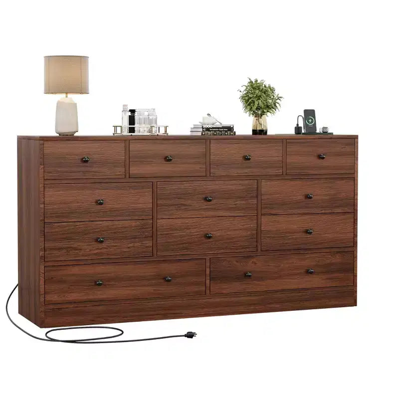 Cassettiera a 12 cassetti per camera da letto, cassettiera TV moderna da 155 cm con stazione di ricarica, cassettiera grande in legno per cameretta, armadio, soggiorno