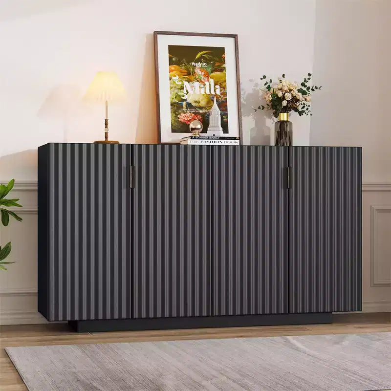 4 Wavy Door Retro Storage Buffet Sideboard Cabinet with Adjustable Shelves & Copper Handles