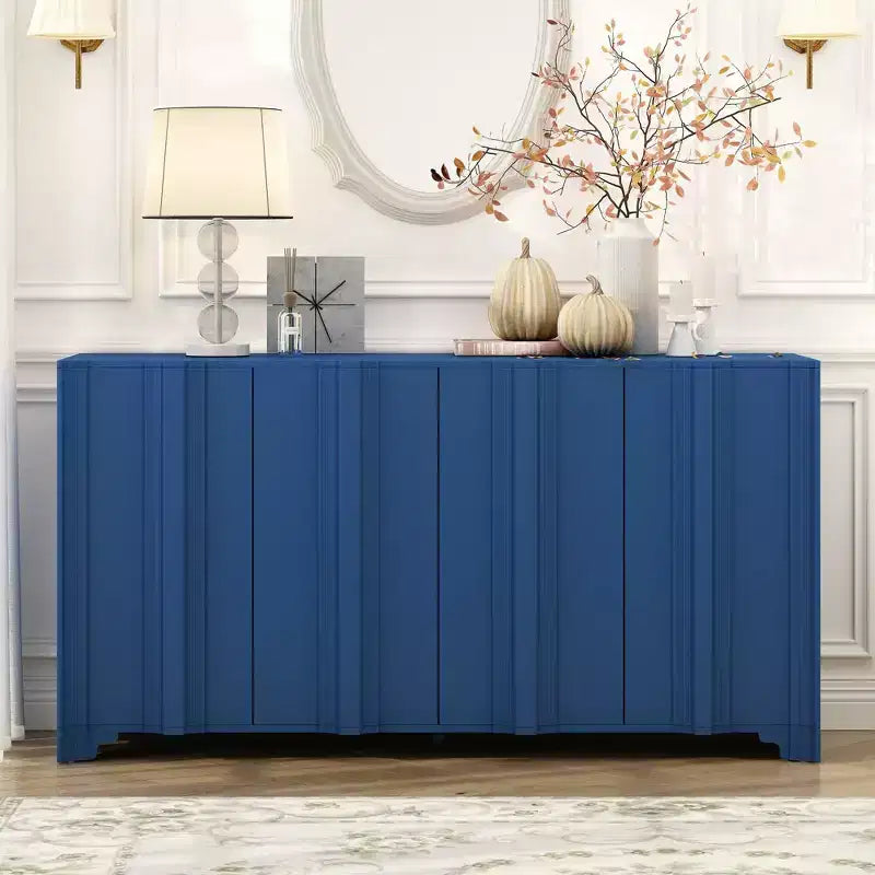 4-Door Sideboard, Solid Wood Accent Entryway Console Table Storage Cabinet, Multi-Layered Pine Veneer Design Elements