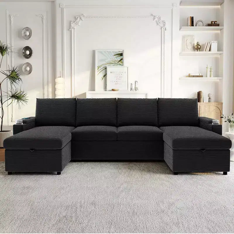 Divano Letto Componibile con Chaise Longue Contenitore, Divano Letto a Sezione a U, Divano Cloud Moderno per Soggiorno o Camera da Letto-Panipeachy