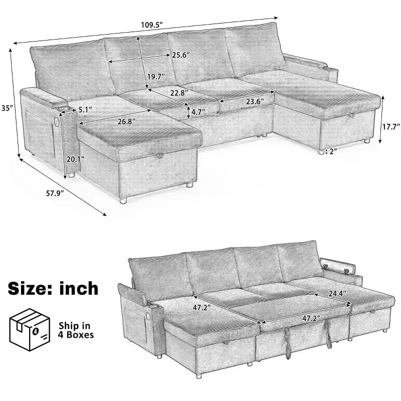 Divano Letto Componibile con Chaise Longue Contenitore, Divano Letto a Sezione a U, Divano Cloud Moderno per Soggiorno o Camera da Letto-Panipeachy