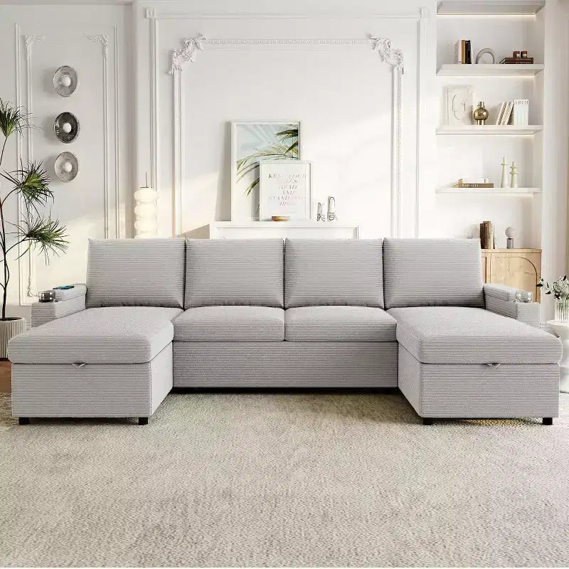 Divano Letto Componibile con Chaise Longue Contenitore, Divano Letto a Sezione a U, Divano Cloud Moderno per Soggiorno o Camera da Letto-Panipeachy