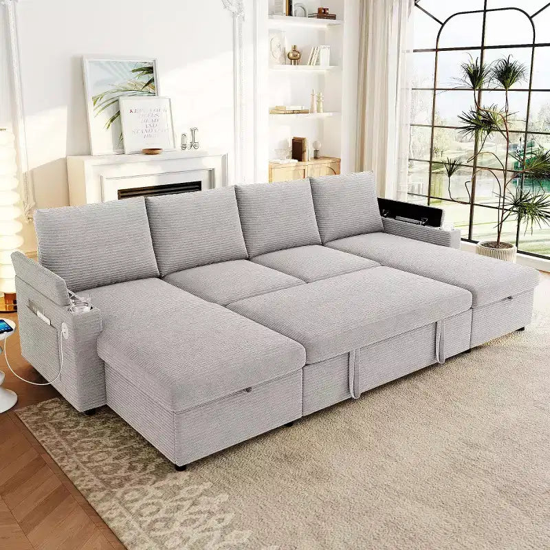 Divano Letto Componibile con Chaise Longue Contenitore, Divano Letto a Sezione a U, Divano Cloud Moderno per Soggiorno o Camera da Letto-Panipeachy
