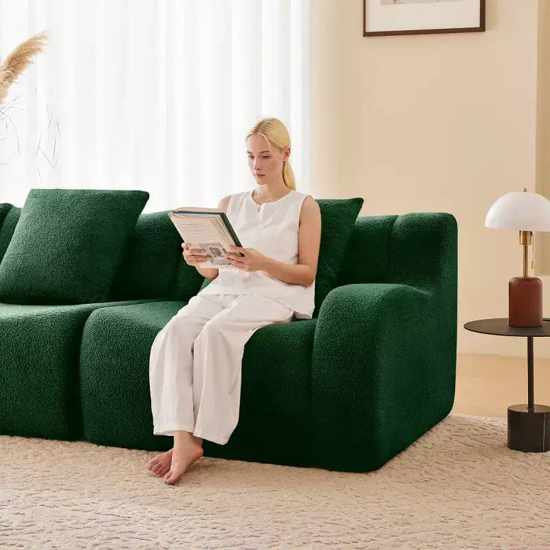 Divano Sezionale Modulare Moderno con Bracciolo Curvo, Divano Cloud a 3 Posti con Seduta Profonda in Tessuto Teddy per Soggiorno e Camera da Letto, Nessun Montaggio-Panipeachy