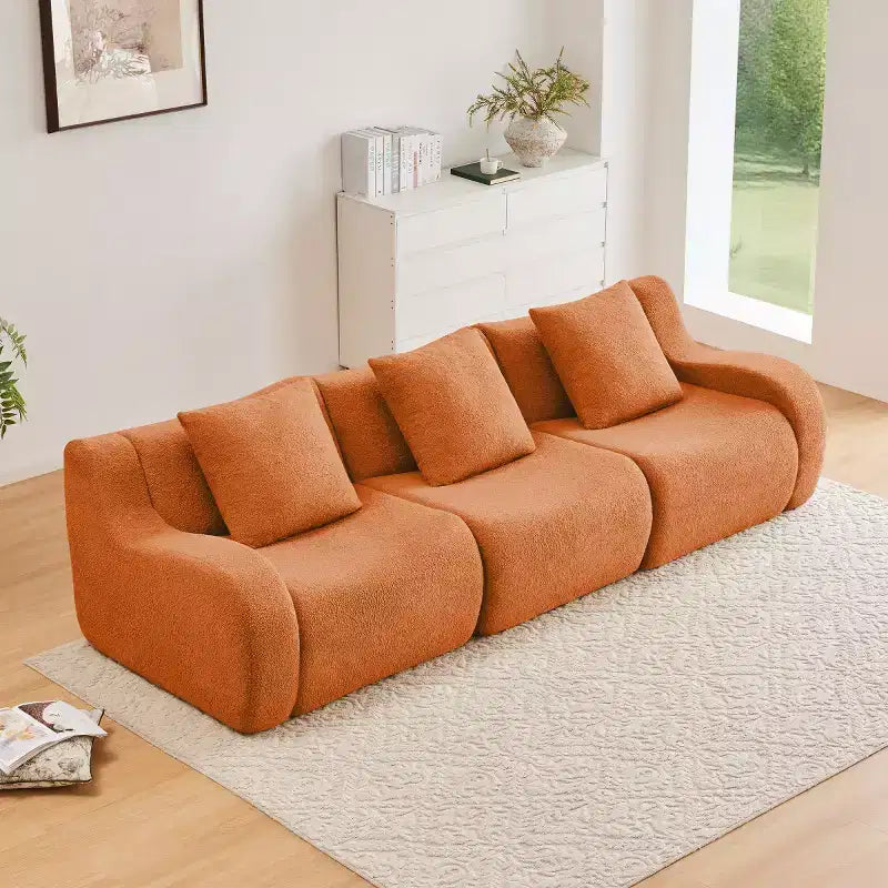 Divano Sezionale Modulare Moderno con Bracciolo Curvo, Divano Cloud a 3 Posti con Seduta Profonda in Tessuto Teddy per Soggiorno e Camera da Letto, Nessun Montaggio-Panipeachy