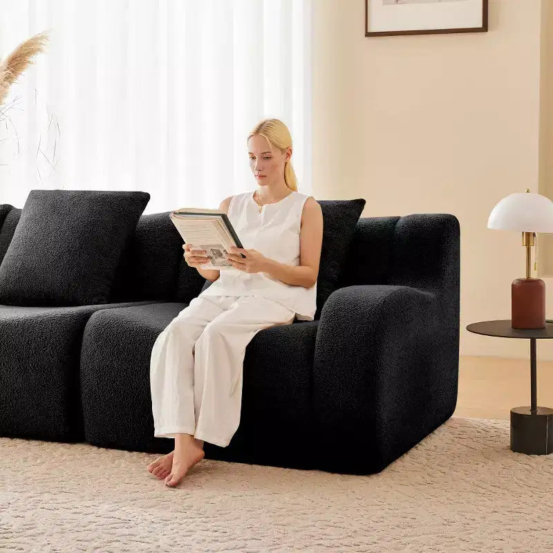 Divano Sezionale Modulare Moderno con Bracciolo Curvo, Divano Cloud a 3 Posti con Seduta Profonda in Tessuto Teddy per Soggiorno e Camera da Letto, Nessun Montaggio-Panipeachy