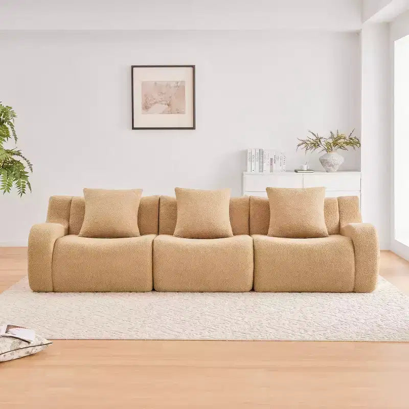 Divano Sezionale Modulare Moderno con Bracciolo Curvo, Divano Cloud a 3 Posti con Seduta Profonda in Tessuto Teddy per Soggiorno e Camera da Letto, Nessun Montaggio-Panipeachy