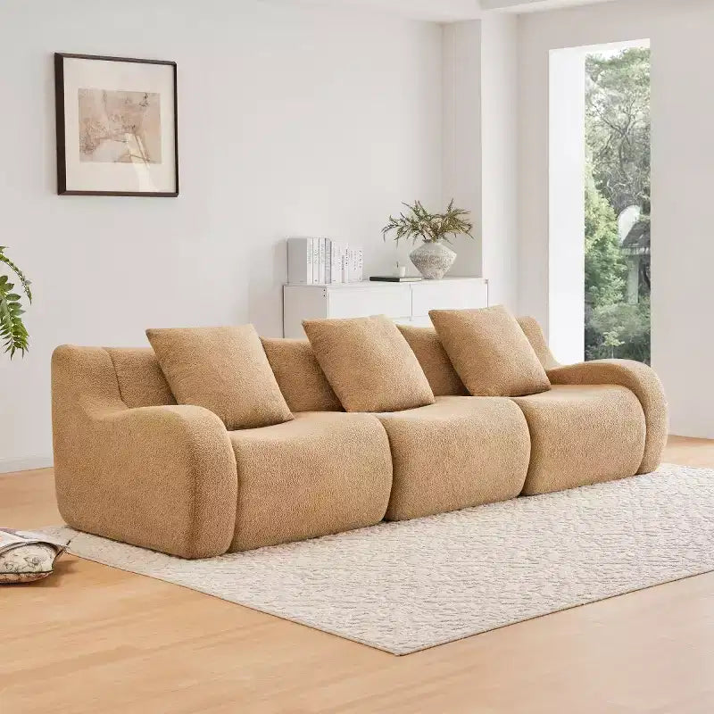 Divano Sezionale Modulare Moderno con Bracciolo Curvo, Divano Cloud a 3 Posti con Seduta Profonda in Tessuto Teddy per Soggiorno e Camera da Letto, Nessun Montaggio-Panipeachy